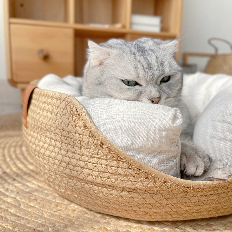 Foto de un gato en su cama con tejido de bambú.