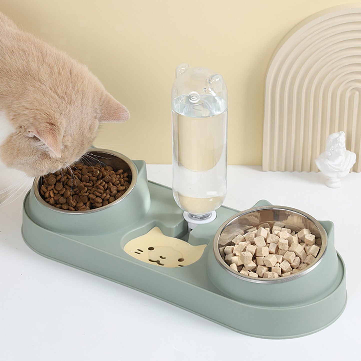 Cuenco doble para gatos con botella de agua verde