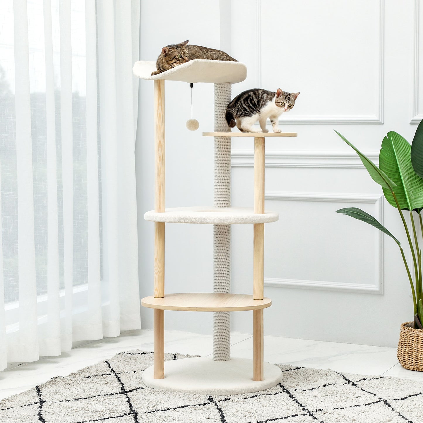 Rascador de madera con niveles para gatos cómodo