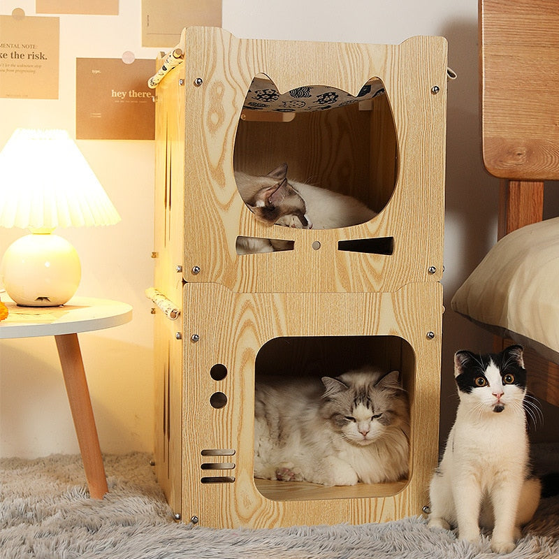 Casa de madera para gatos multiuso